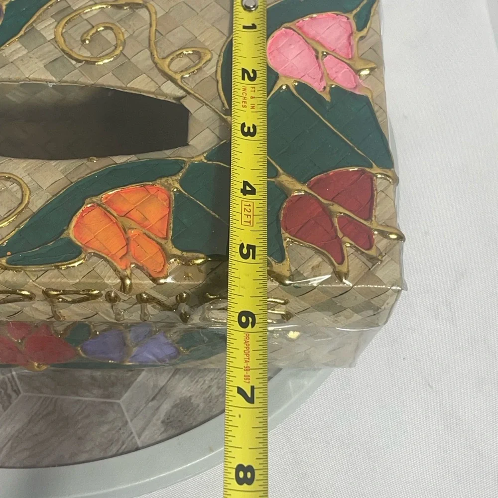 Philippines Woven Tissue Box Cover Hand-Painted Flowers Gold Accents 9.5”